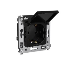 Розетка с крышкой в стену, 2P+E, с з/ш, "Avanti", "Черный квадрат"