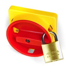 Желтая площадка 67х67, красная ручка с замком, на винты